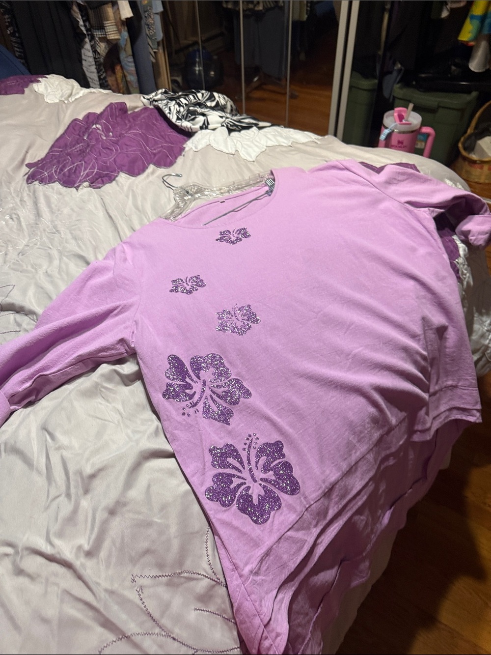 Lilac Long Sleeve V-Neck Top with Glitter Floral Accents